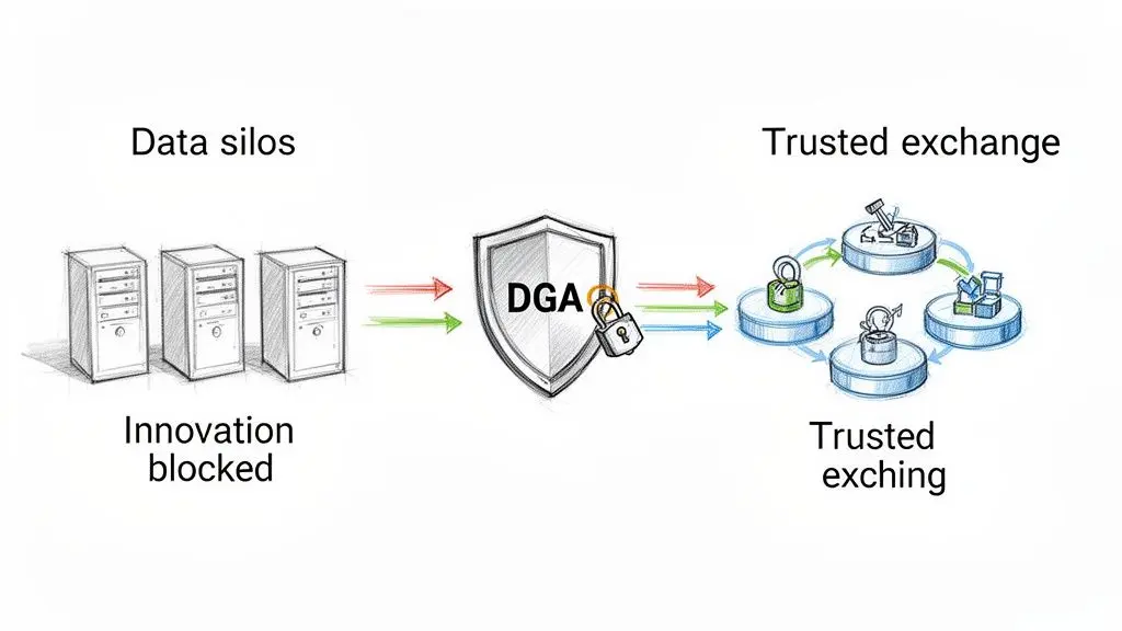 Illustrazione che mostra i silos di dati che bloccano l'innovazione, con il DGA che abilita uno scambio di dati affidabile.