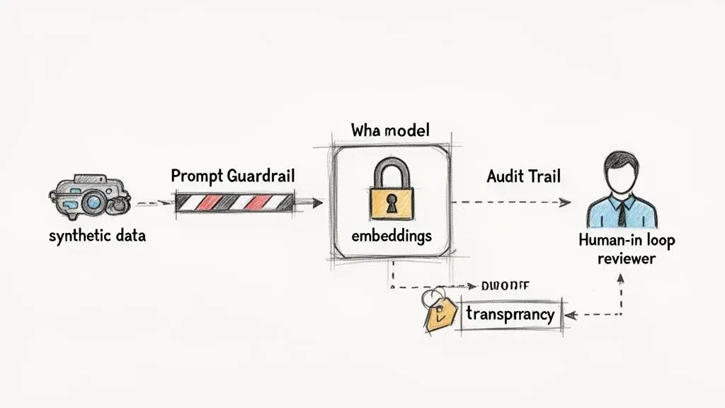 Diagramma di flusso che mostra elaborazione di dati sintetici, guardrail del prompt, modello protetto, traccia di audit e revisione umana con trasparenza.