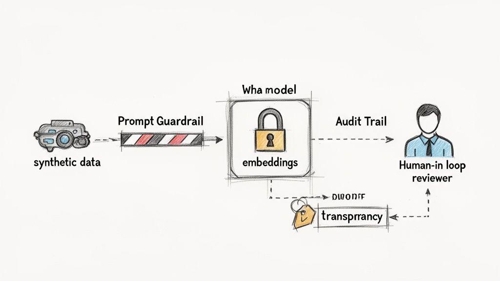 Diagramma di flusso che mostra elaborazione di dati sintetici, guardrail del prompt, modello protetto, traccia di audit e revisione umana con trasparenza.