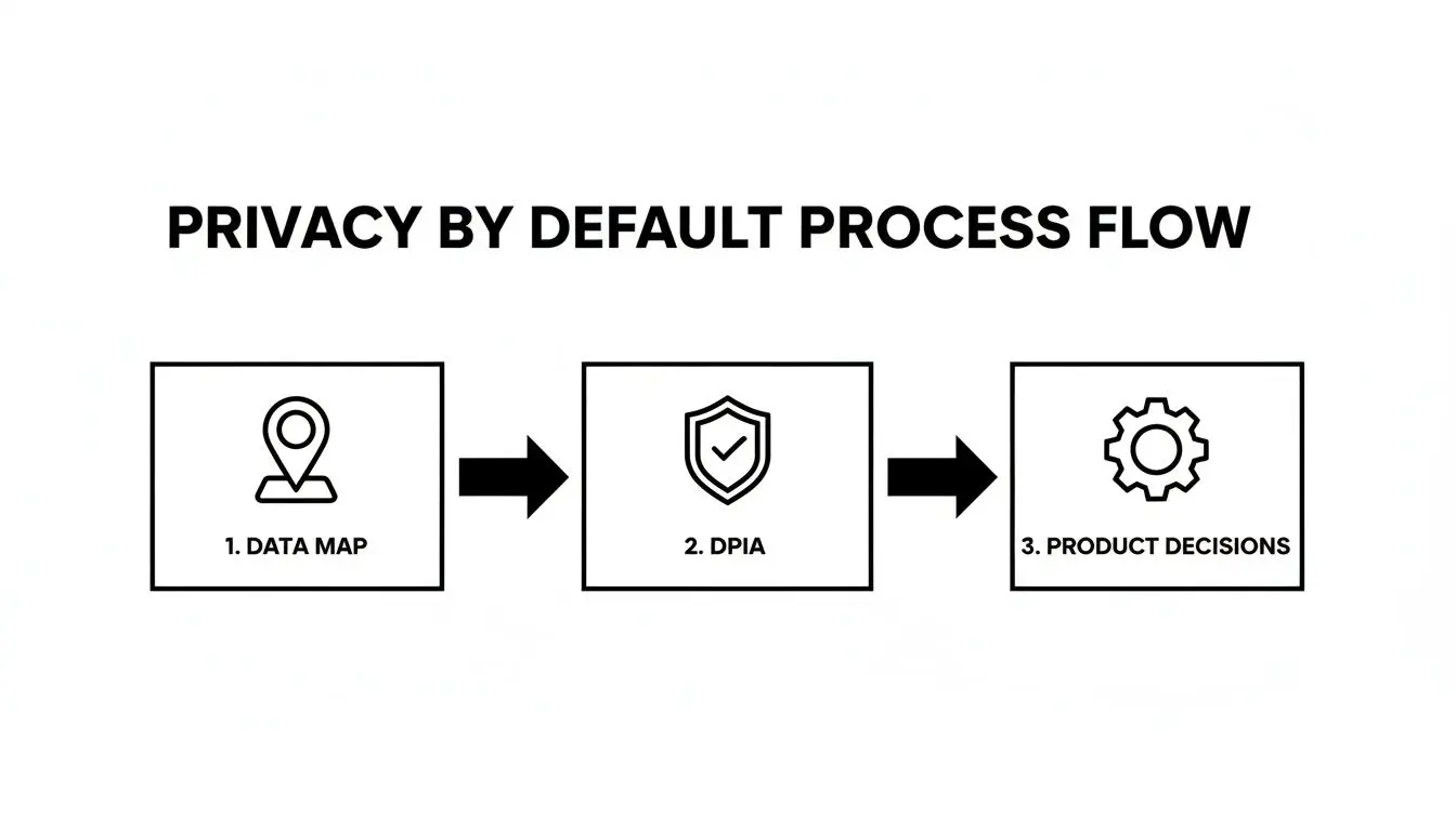 Un diagramma di flusso intitolato 'Privacy by Default Process Flow' che delinea tre passaggi: Mappa dei dati, DPIA e Decisioni di prodotto.