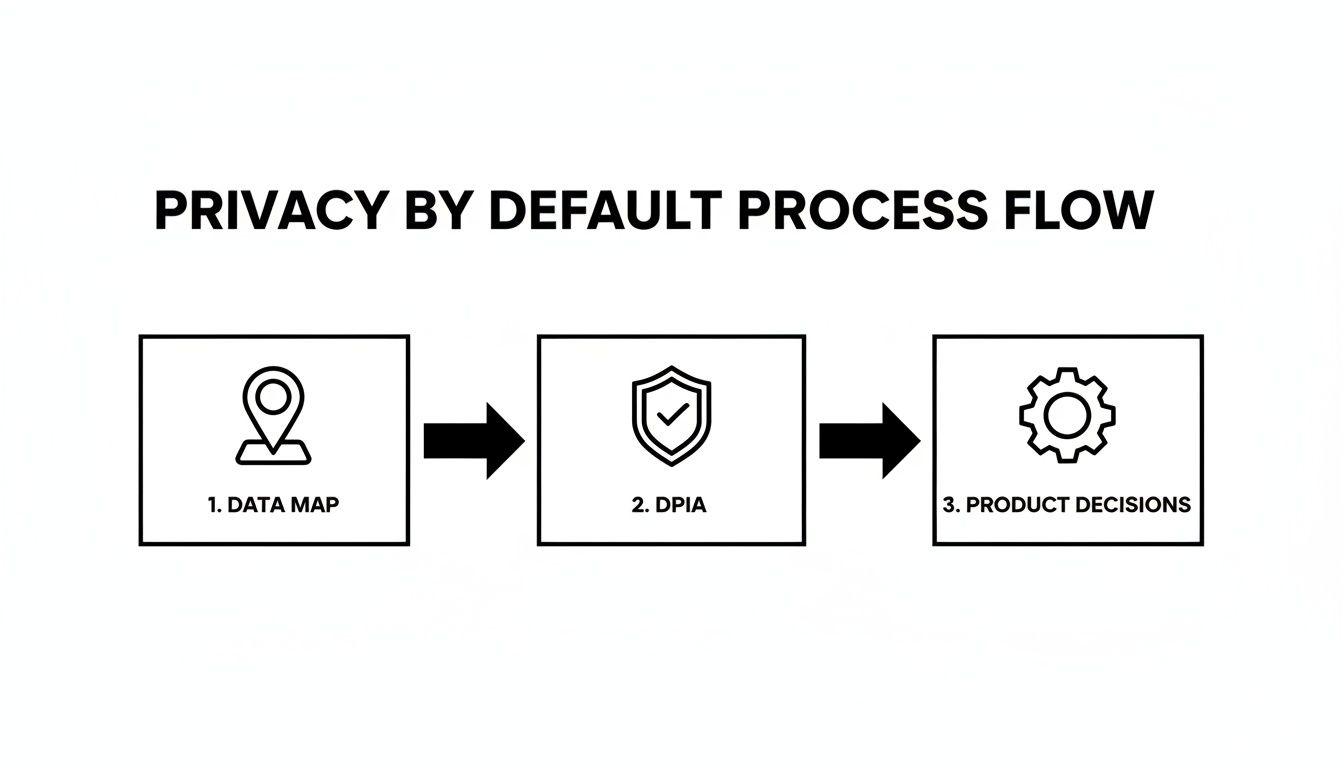 A flowchart titled 'Privacy by Default Process Flow' outlining three steps: Data Map, DPIA, and Product Decisions.