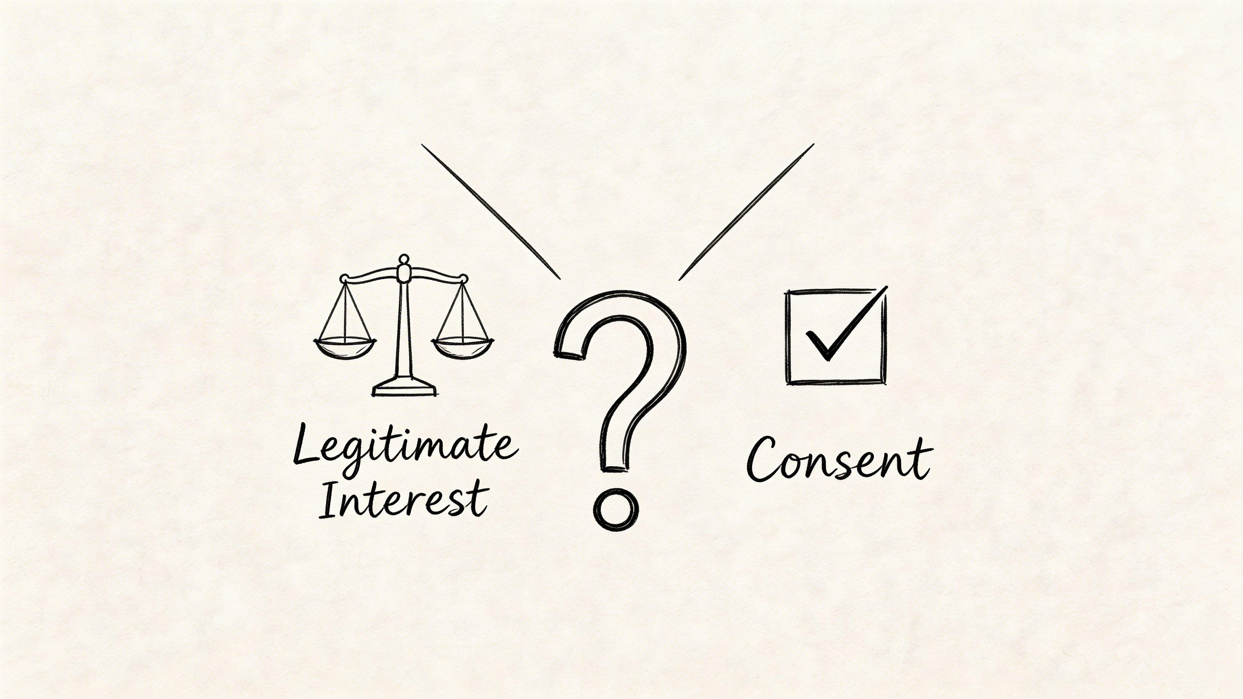 Un'illustrazione disegnata a mano che mostra una bilancia e un segno di spunta, con un punto interrogativo in mezzo.