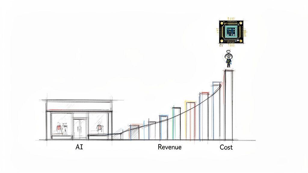 Sketch of an AI retail storefront, a rising bar chart for revenue and cost, with a person and computer chip.