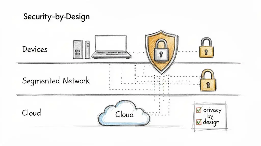 Diagramma che illustra la sicurezza by design tra dispositivi, rete segmentata e cloud con privacy.