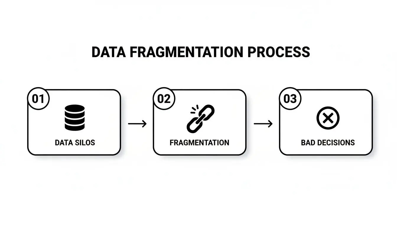 Un diagramma di processo in tre fasi che illustra la frammentazione dei dati, mostrando i silos di dati che portano alla frammentazione e infine a decisioni sbagliate.