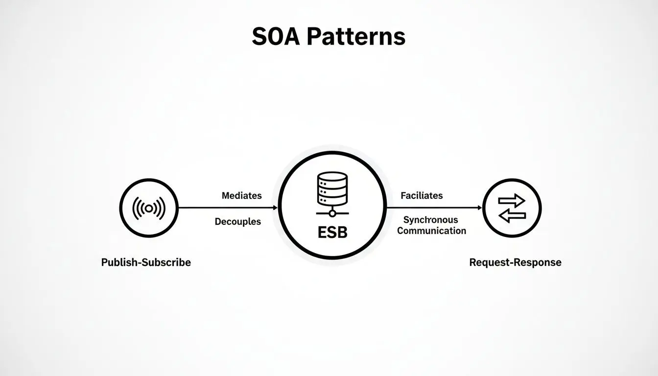 Diagramma che mostra i pattern SOA: l'ESB media il publish-subscribe e facilita la comunicazione request-response.