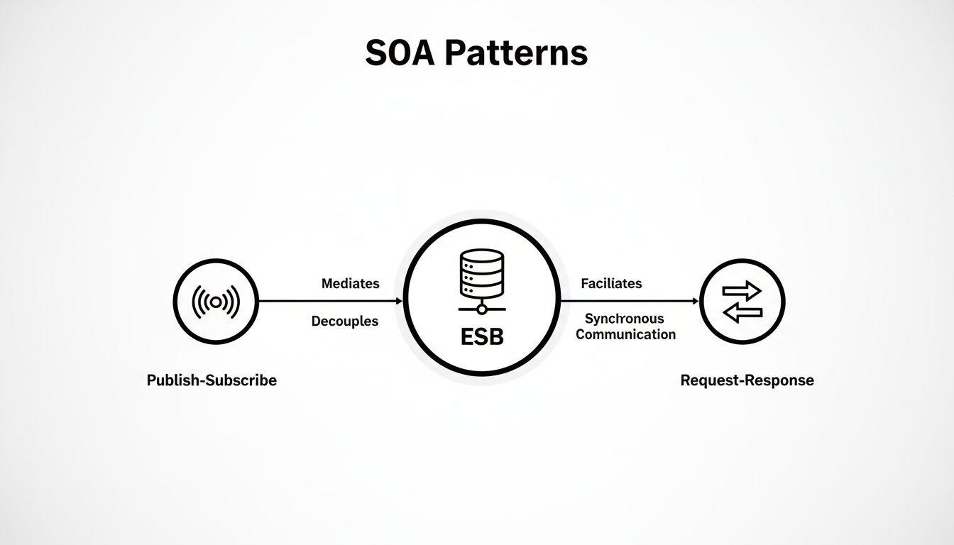 Diagram showing SOA patterns: ESB mediates publish-subscribe and facilitates request-response communication.