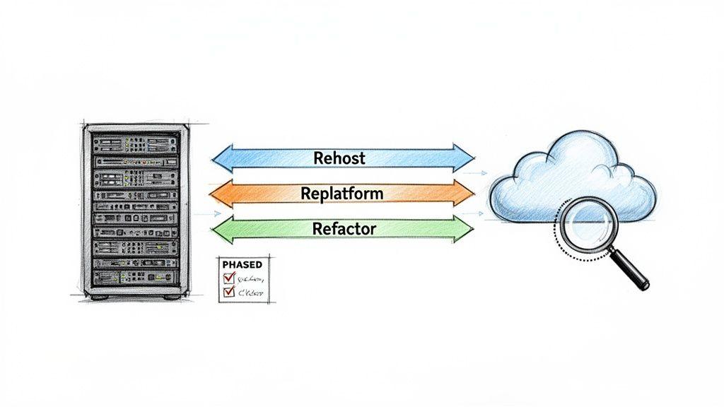 Illustration showing server rack migrating to cloud via rehost, replatform, refactor strategies.