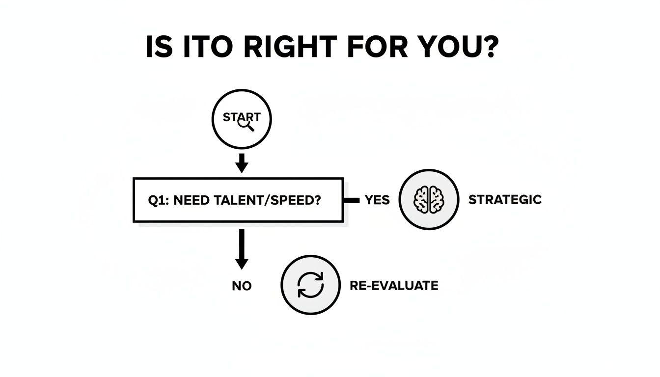 Diagramma di flusso che illustra se l’ITO (IT Outsourcing) è adatto a te in base alle esigenze di talenti e velocità.