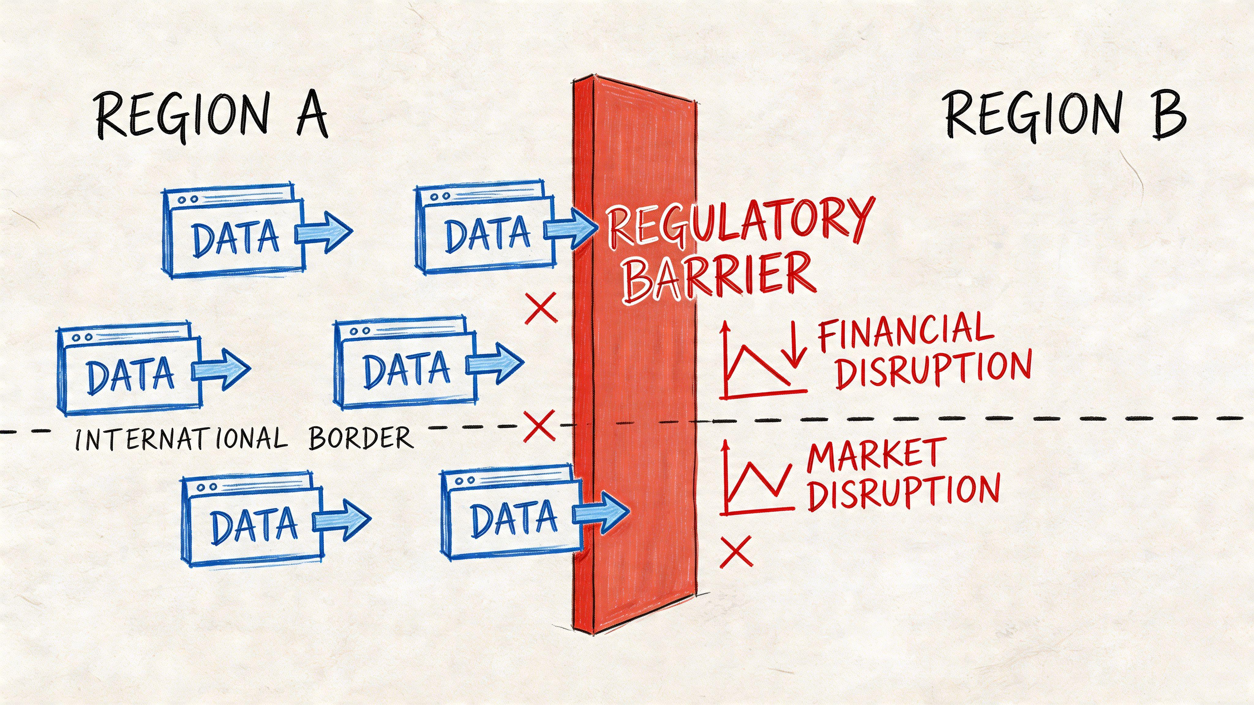 A conceptual diagram showing data flow from Region A being blocked by a regulatory barrier at an international border.