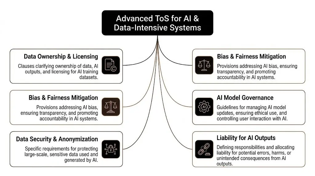 A diagram illustrating the key components of Advanced Terms of Service for AI and data-intensive systems.