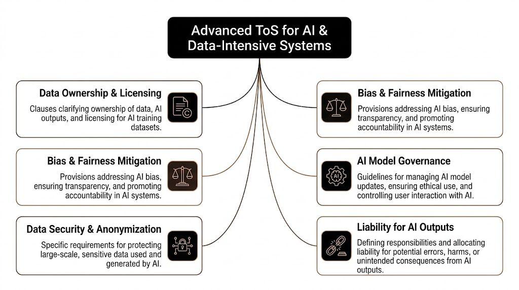 Un diagramma che illustra i componenti chiave dei Termini di servizio avanzati per sistemi AI e ad alta intensità di dati.