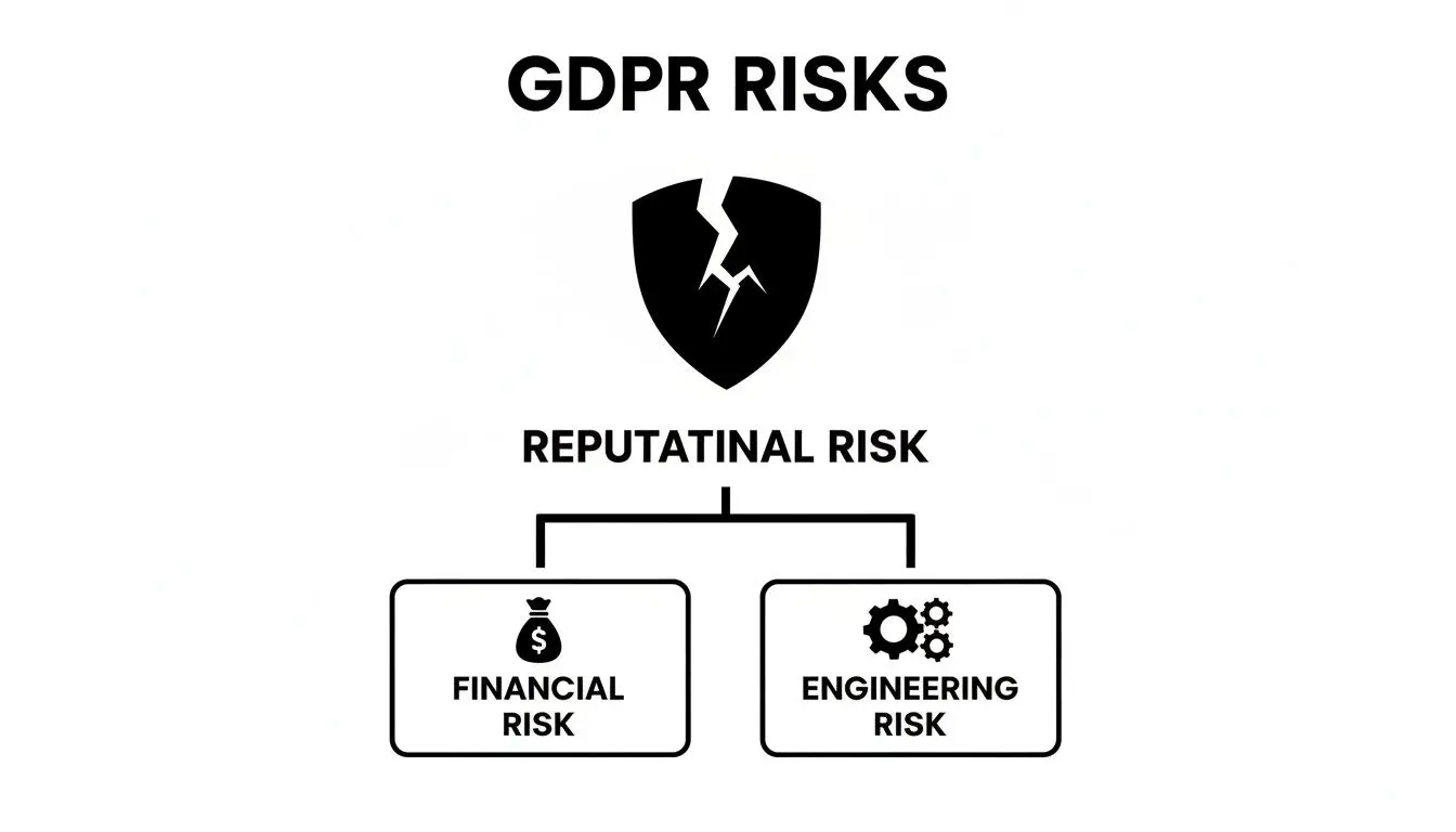 Diagramma che illustra i rischi GDPR, mostrando il rischio reputazionale che si dirama in rischi finanziari e di ingegneria.