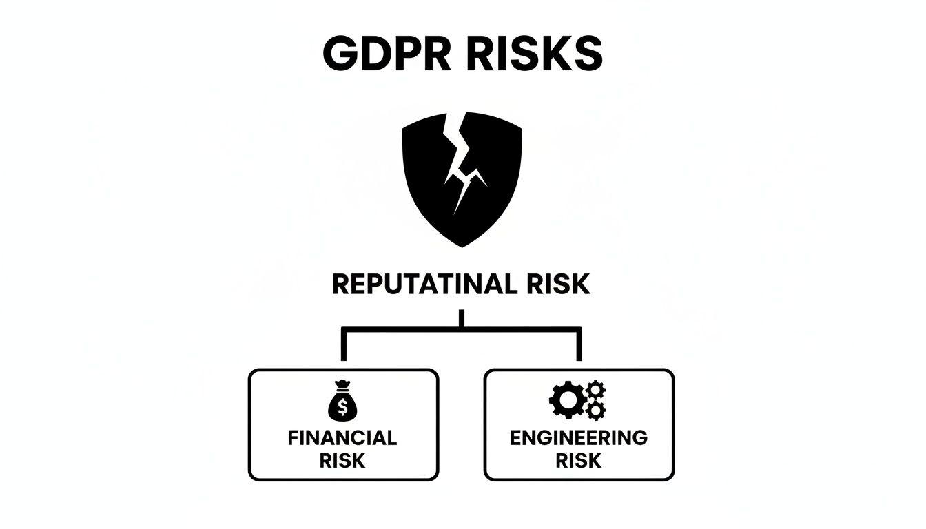 Diagramma che illustra i rischi GDPR, mostrando il rischio reputazionale che si dirama in rischi finanziari e di ingegneria.