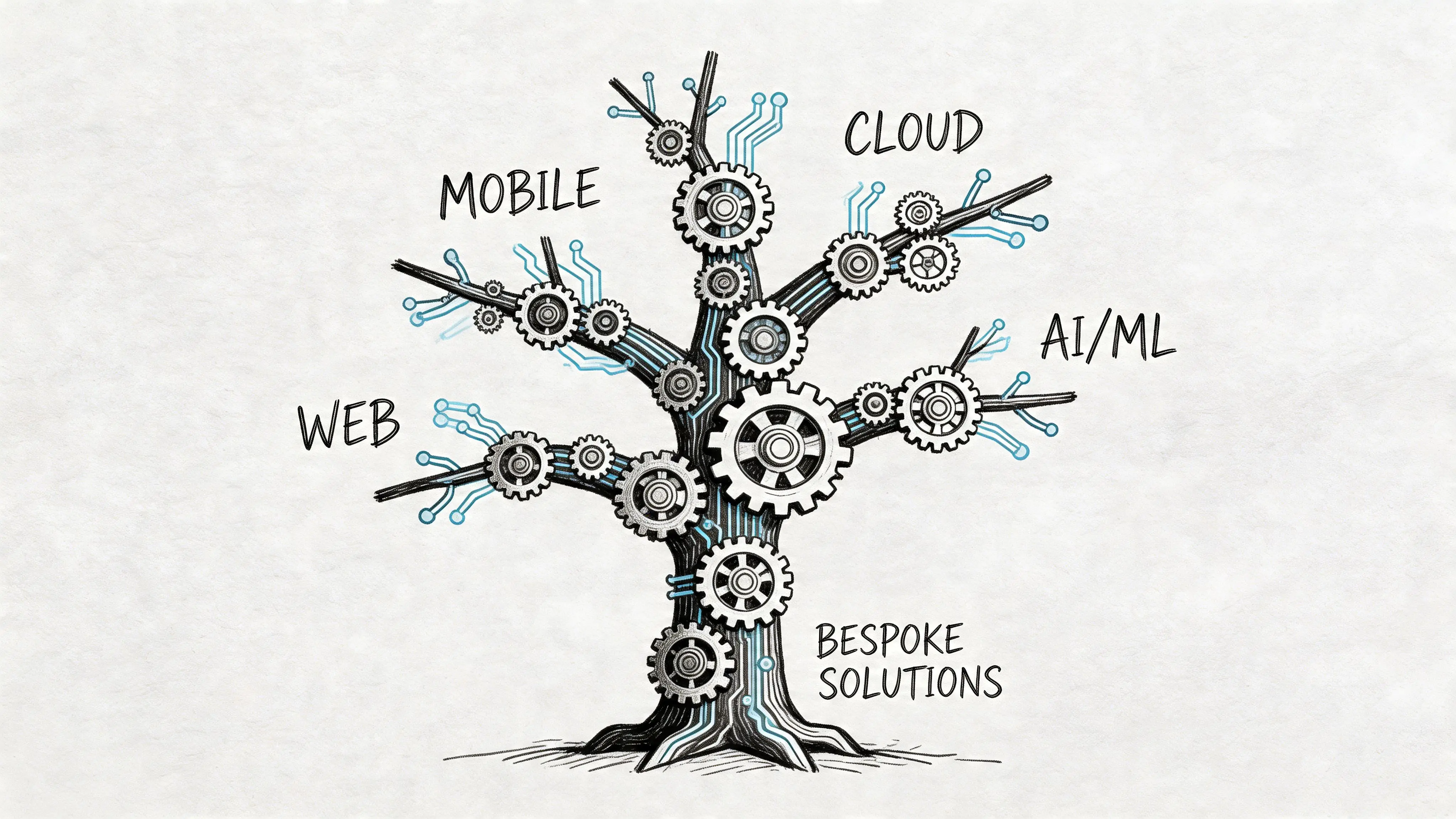 Un’illustrazione digitale di un albero fatto di ingranaggi che rappresenta la tecnologia moderna e i servizi di sviluppo software.
