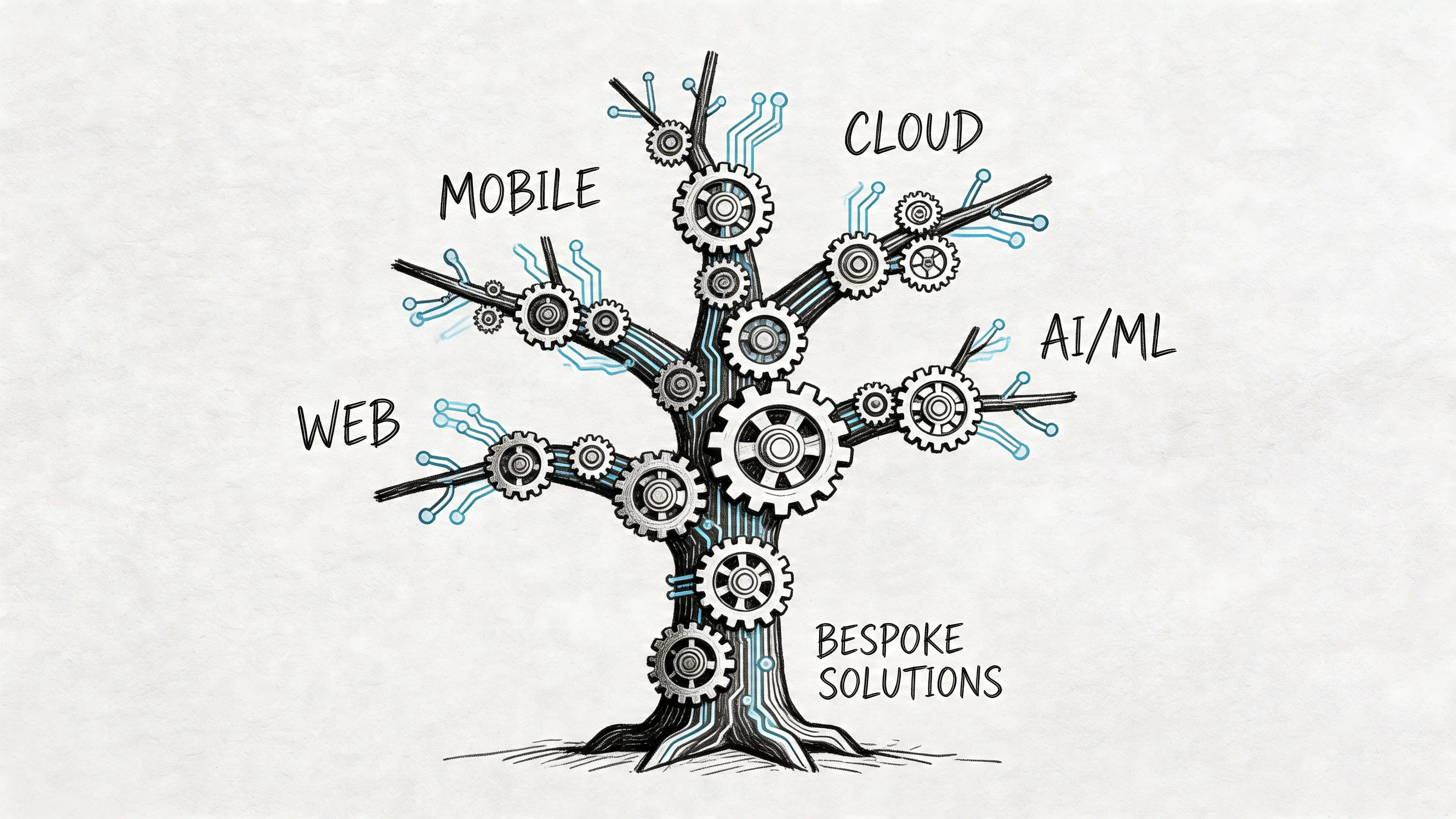 Un’illustrazione digitale di un albero fatto di ingranaggi che rappresenta la tecnologia moderna e i servizi di sviluppo software.