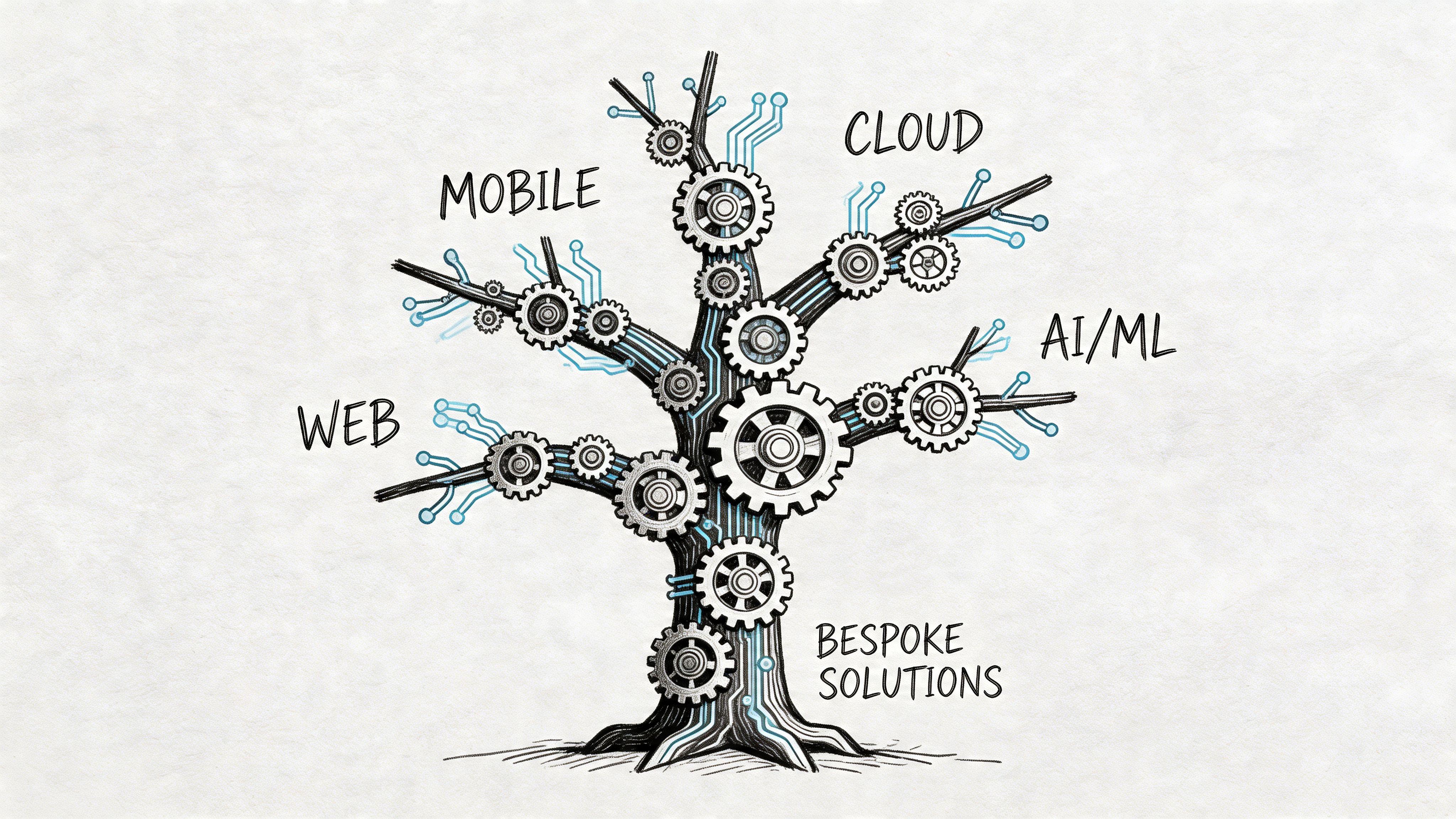 A digital illustration of a tree made of gears representing modern technology and software development services.