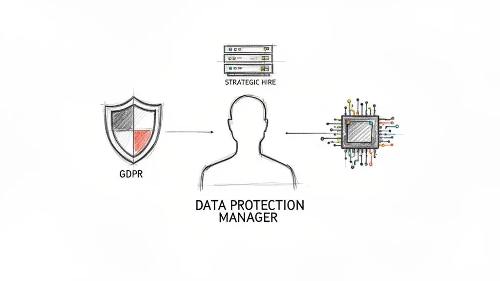Diagram illustrating the Data Protection Manager's role, connecting GDPR, strategic hires, and technology.