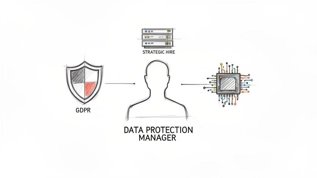 Diagramma che illustra il ruolo del Responsabile della Protezione dei Dati, collegando GDPR, assunzioni strategiche e tecnologia.