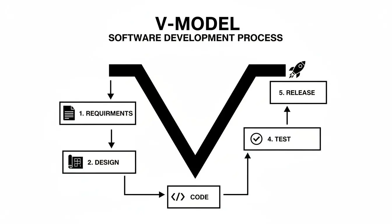 Diagramma di flusso che illustra il processo di sviluppo software del V-Model, dai requisiti e dalla progettazione alla codifica, al testing e al rilascio.
