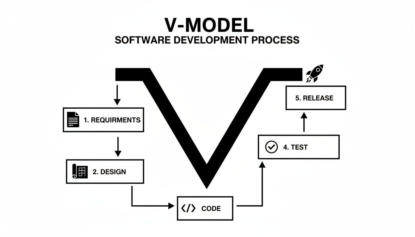 Flowchart illustrating the V-Model software development process, from requirements and design to coding, testing, and release.