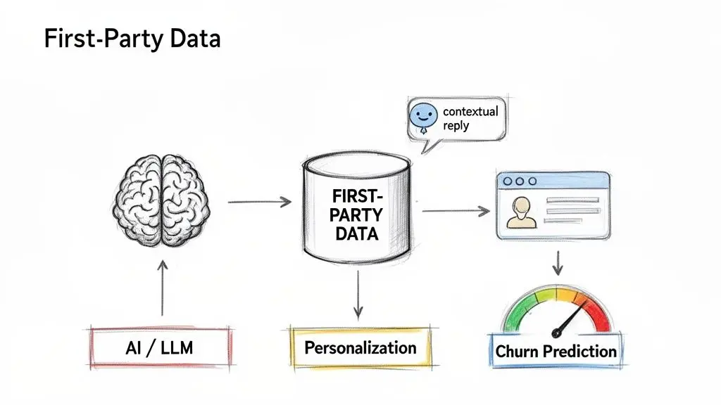 Diagramma che illustra come AI e LLM sfruttano i dati di prima parte per la personalizzazione, le risposte contestuali e la previsione del churn.