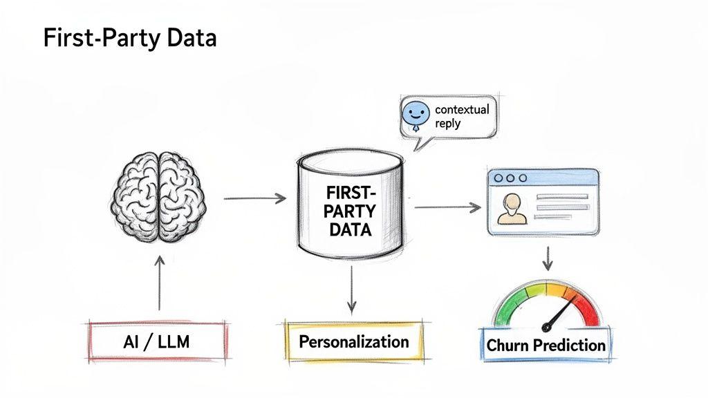 Diagramma che illustra come l'IA e i LLM sfruttano i dati di prima parte per la personalizzazione, risposte contestuali e previsione del churn.