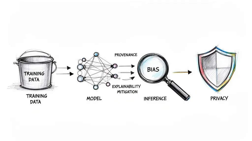 Diagram showing training data feeding an AI model, detecting bias in inference, with provenance and explainability for privacy.