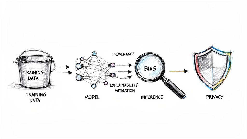 Diagramma che mostra dati di addestramento che alimentano un modello di IA, rilevando bias nell'inferenza, con provenienza e spiegabilità per la privacy.