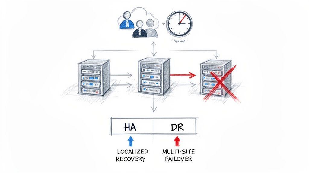 Diagram illustrates high availability and disaster recovery concepts with server racks, user cloud, and system uptime.