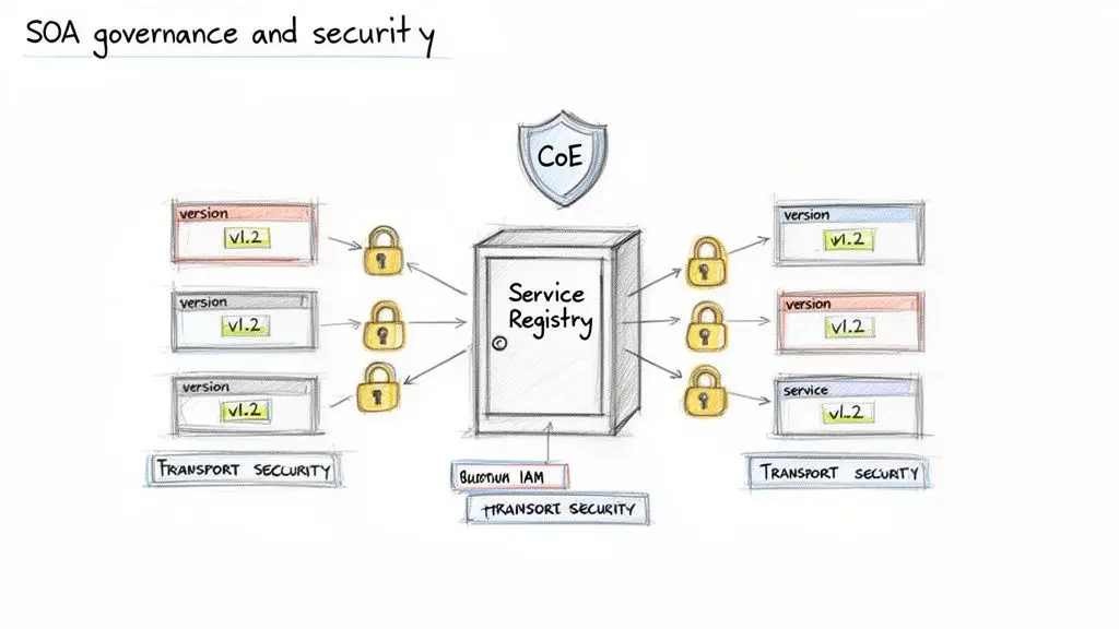 Diagramma di governance e sicurezza SOA: un Service Registry centrale protetto da CoE, IAM e sicurezza del trasporto per vari servizi.