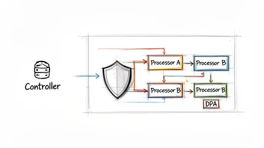 Hand-drawn diagram illustrating data flow from a controller through security and multiple processors, ending with DPA.