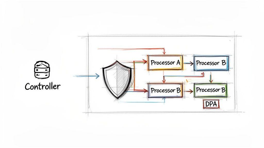 Diagramma disegnato a mano che illustra il flusso dei dati da un titolare attraverso la sicurezza e più responsabili, terminando con il DPA.