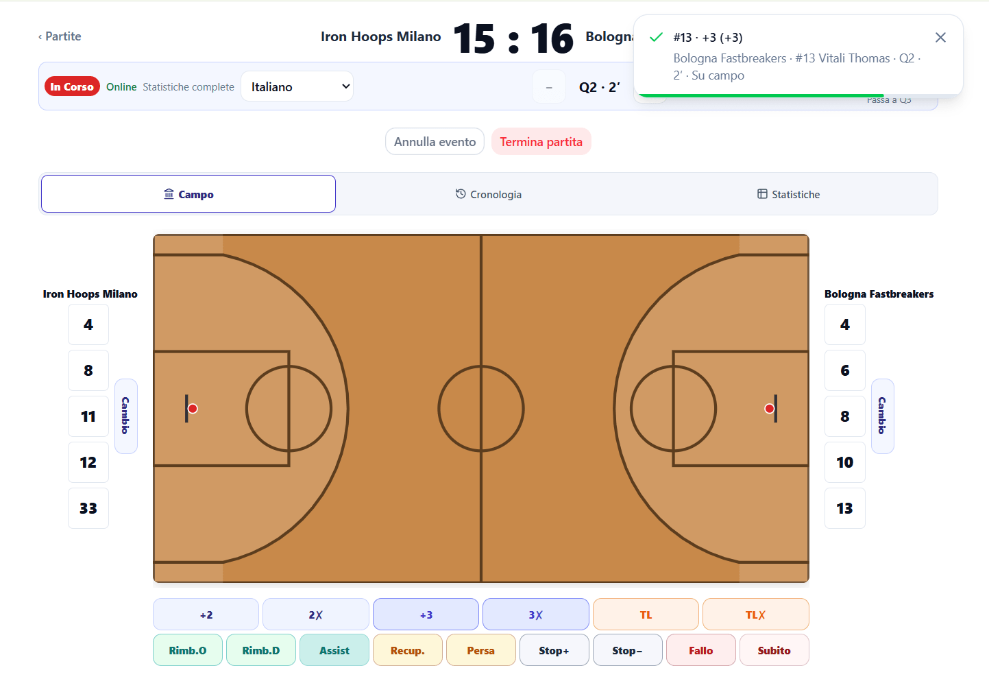 Schermata rilevazione statistiche a bordocampo su mobile